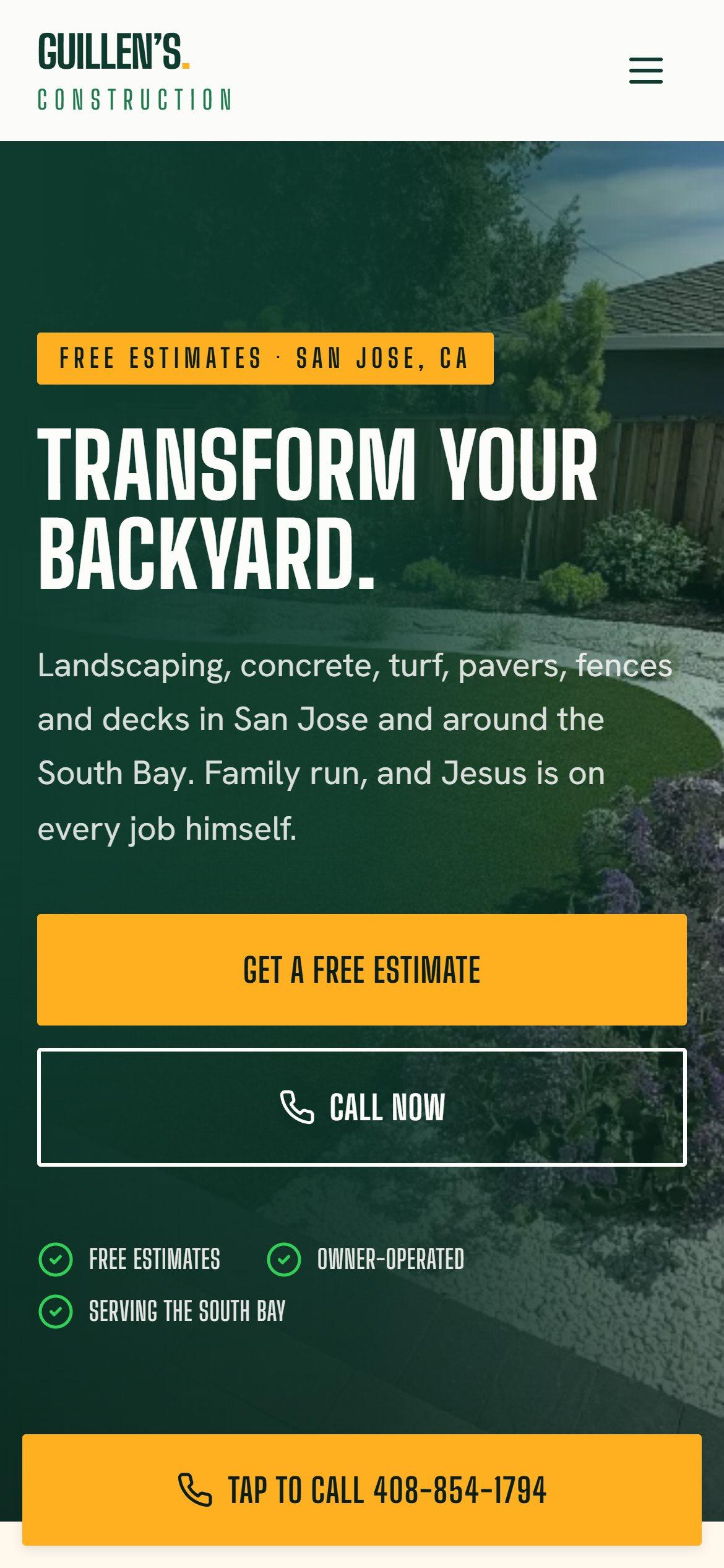 Guillen's Construction homepage on a phone